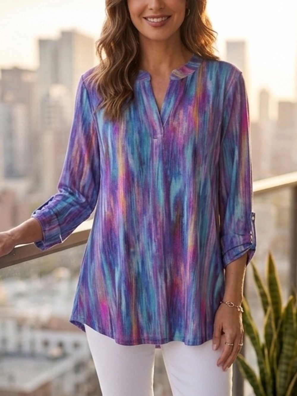 Dear Scarlett Multicolor Brushstroke Tunic in Purple, Blue, Pink - Picture 2 of 11